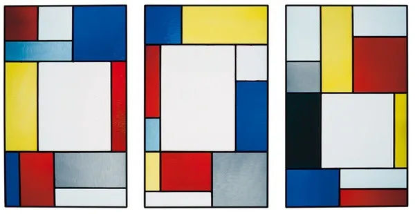 An image showing three rectangles of colored rectangular and squarish tiles or windows with different colors and sizes in a leaded, stained glass arrangment.